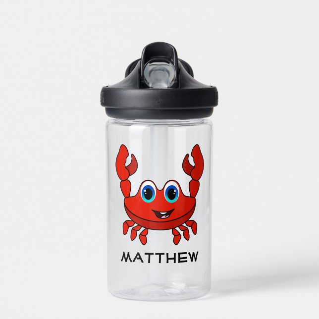 Happy Cartoon Crab Personalised Kids Water Bottle (Front)