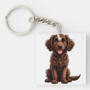 Happy Cartoon Curly Coated Retriever Puppy Smiling Key Ring