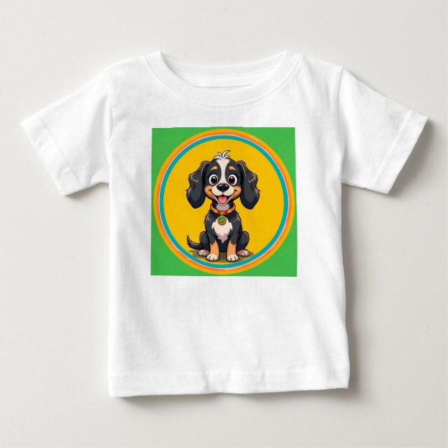 Happy Cartoon Dog in a Colourful Circular Frame Baby T-Shirt (Front)