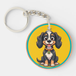 Happy Cartoon Dog in a Colourful Circular Frame Key Ring