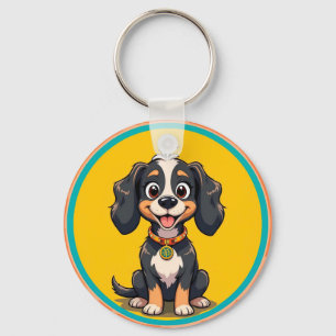 Happy Cartoon Dog in a Colourful Circular Frame Key Ring