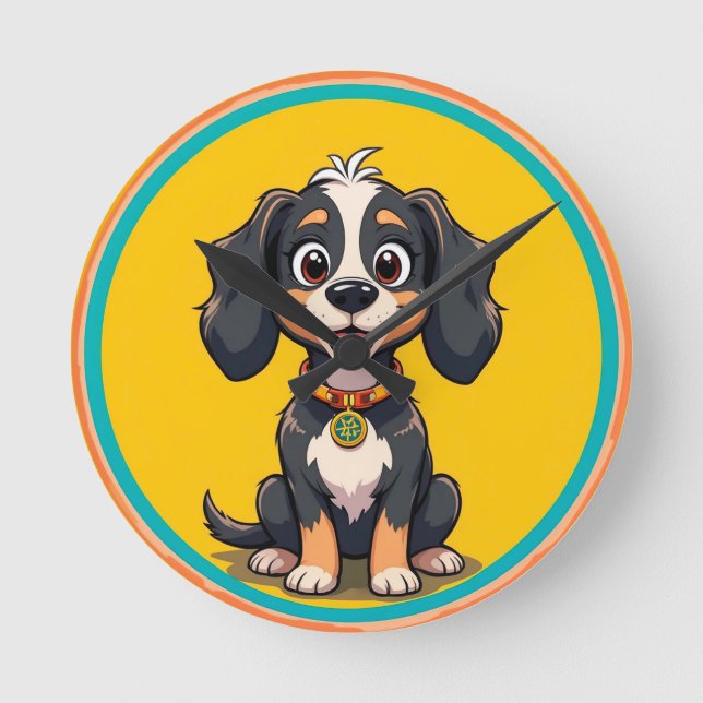 Happy Cartoon Dog in a Colourful Circular Frame Round Clock (Front)