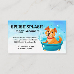 Happy Cartoon Dog in Bath Bubbles   Groomers Business Card