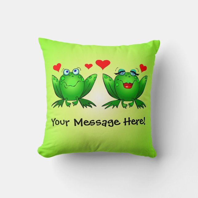 Happy Cartoon Frogs Love Hearts Green Cushion (Front)