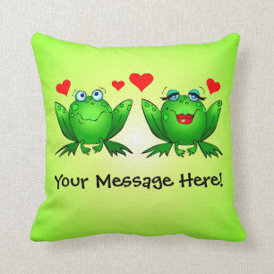 Happy Cartoon Frogs Love Hearts Green Cushion