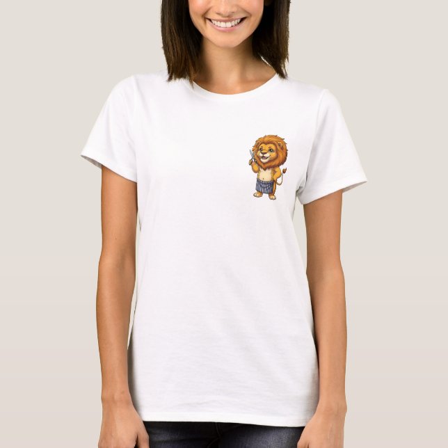 Happy Cartoon Lion Barber Holding Scissors T-Shirt (Front)