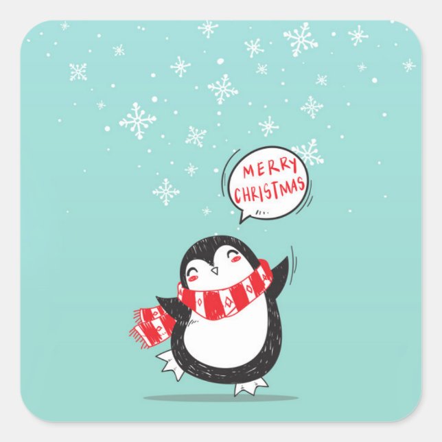 Happy Cartoon Penguin Square Sticker (Front)