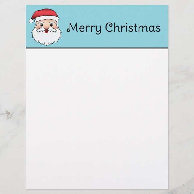 Happy Cartoon Santa Claus Head On Blue And Text Custom Letterhead (Front)