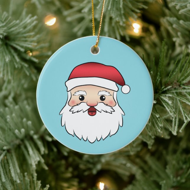 Happy Cartoon Santa Claus Head On Blue Ceramic Ornament (Tree)