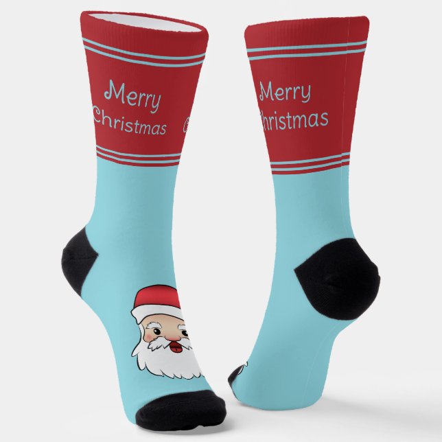 Happy Cartoon Santa Claus Head With Custom Text Socks (Angled)