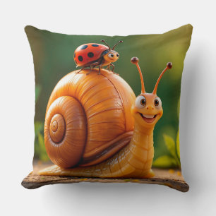 Happy Cartoon Snail Hosting Ladybug Cushion