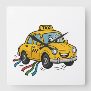 Happy Cartoon Taxi Square Wall Clock