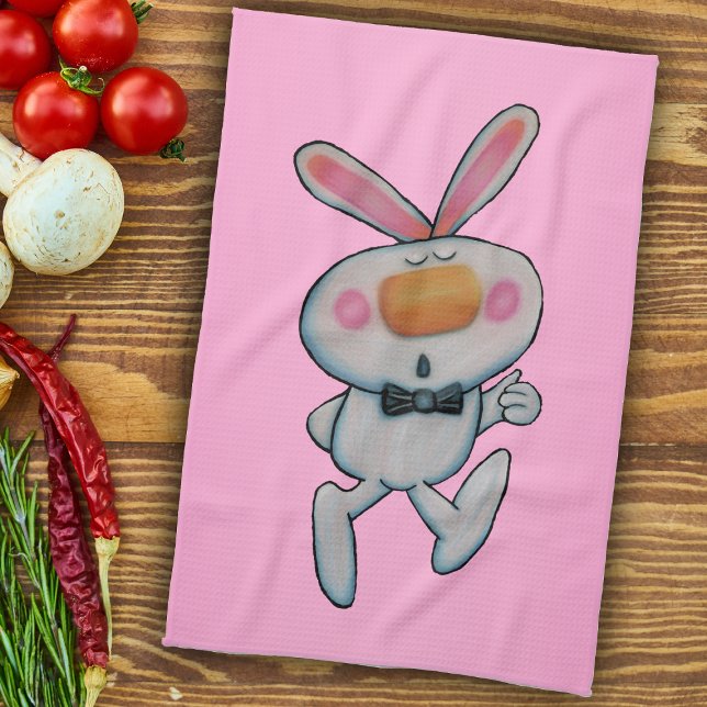 Happy Cartoon Thumbs Up Bunny Bow Tie Pink Tea Towel (white bunny rabbit thumbs up sign wearing bow tie on vibrant pink kitchen hand towel.)