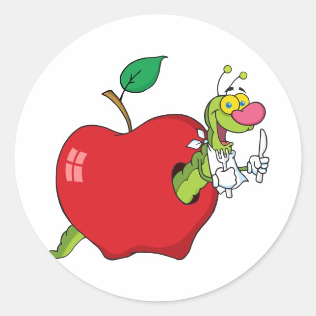 Happy Cartoon Worm In Apple Classic Round Sticker (Front)