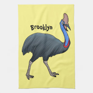 Happy cassowary bird cartoon illustration tea towel