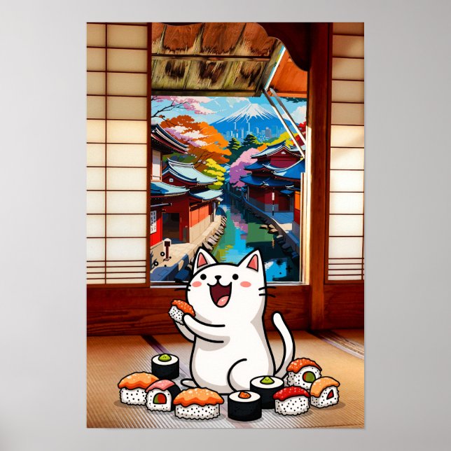 Happy Cat and Sushi Poster (Front)