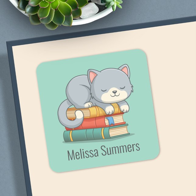 Happy Cat Book Stack Custom Name Bookplate Green Square Sticker (Creator Uploaded)