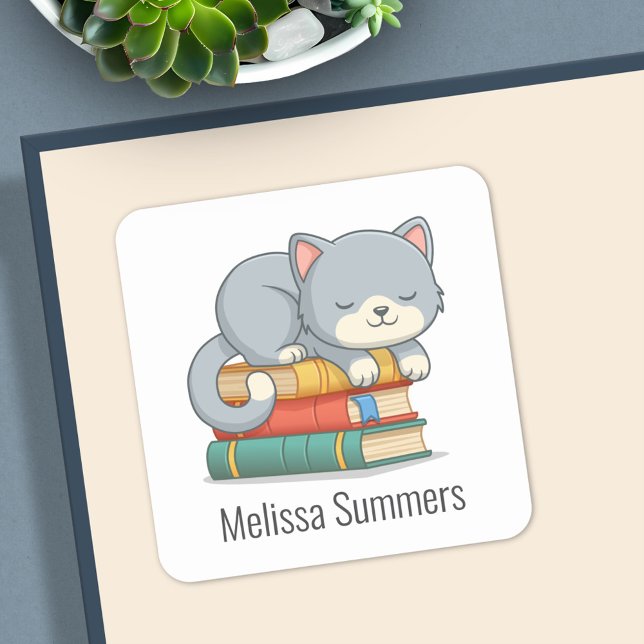 Happy Cat Book Stack Custom Name Bookplate Square Sticker (Creator Uploaded)