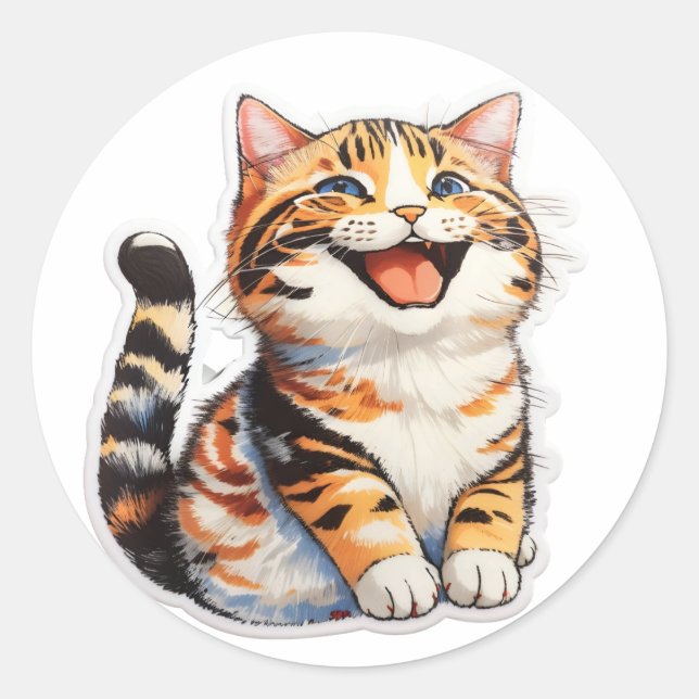 Happy Cat Classic Round Sticker (Front)