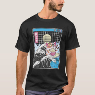 Happy Cat Eating Ramen Surfing Kanagawa Wave Anime T-Shirt