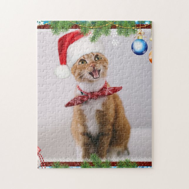 Happy cat in red christmas hat jigsaw puzzle (Vertical)