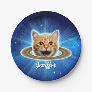 Happy cat in space. paper plate