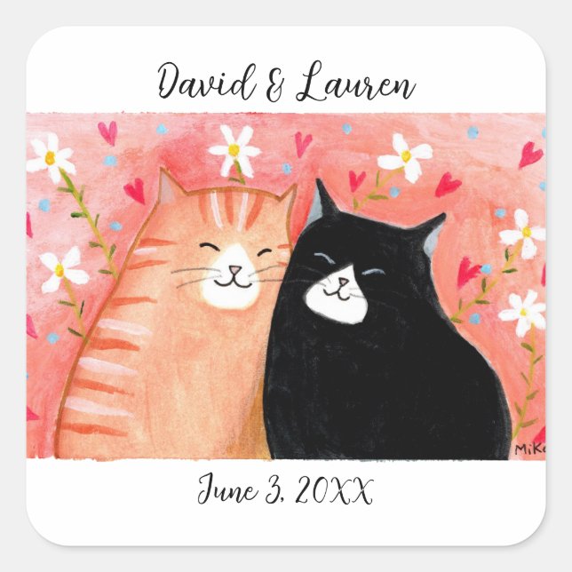 Happy Cat Lover Couple Unique Custom Wedding Favor Square Sticker (Front)