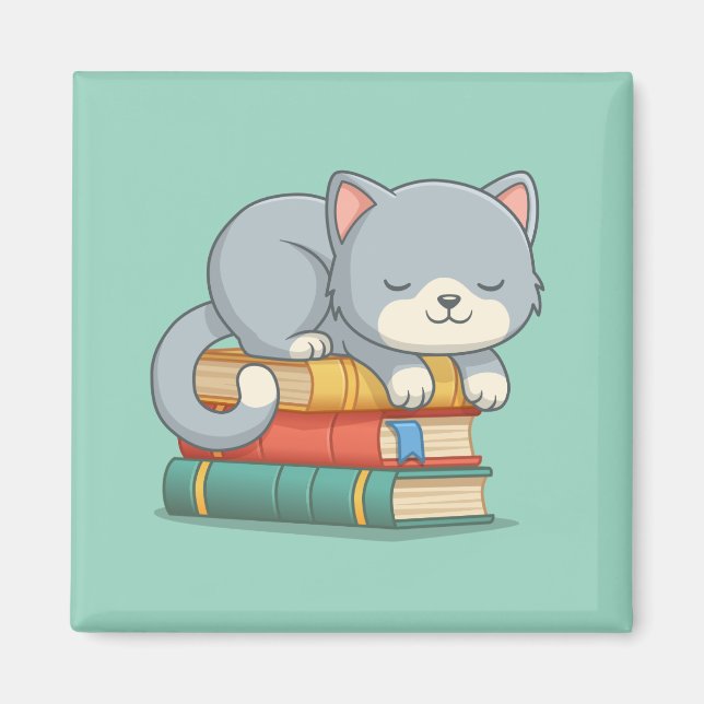 Happy Cat on top of a Book Stack Green Magnet (Front)