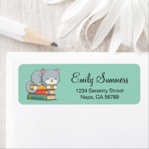 Happy Cat on top of a Book Stack Green Return Address Label