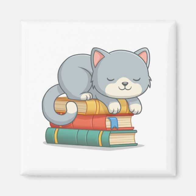 Happy Cat on top of a Book Stack Magnet (Front)
