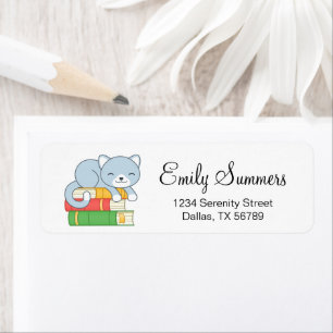 Happy Cat on top of a Book Stack Return Address Label