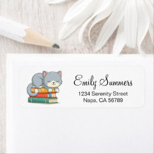 Happy Cat on top of a Book Stack Return Address Label
