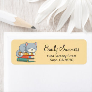 Happy Cat on top of a Book Stack Yellow Return Address Label