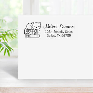 Happy Cat on top of Stack of Books Address Rubber Stamp