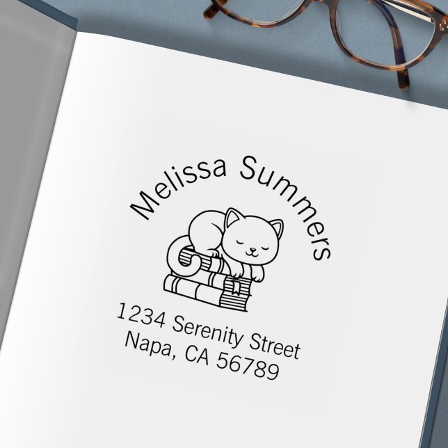 Happy Cat on top of Stack of Books Address Self-inking Stamp (Creator Uploaded)