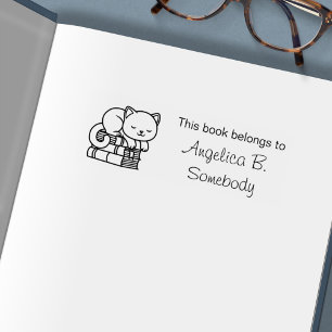 Happy Cat on top of Stack of Books - Bookplate Self-inking Stamp