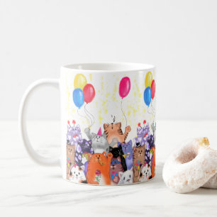 Happy Cat Party Cartoon Drawing - Cute Funny Cats  Coffee Mug