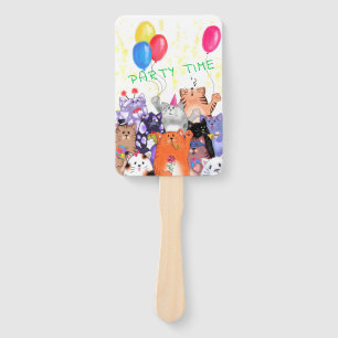 Happy Cat Party Cartoon Drawing - Cute Funny Cats Hand Fan