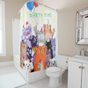 Happy Cat Party Cartoon Drawing - Cute Funny Cats  Shower Curtain