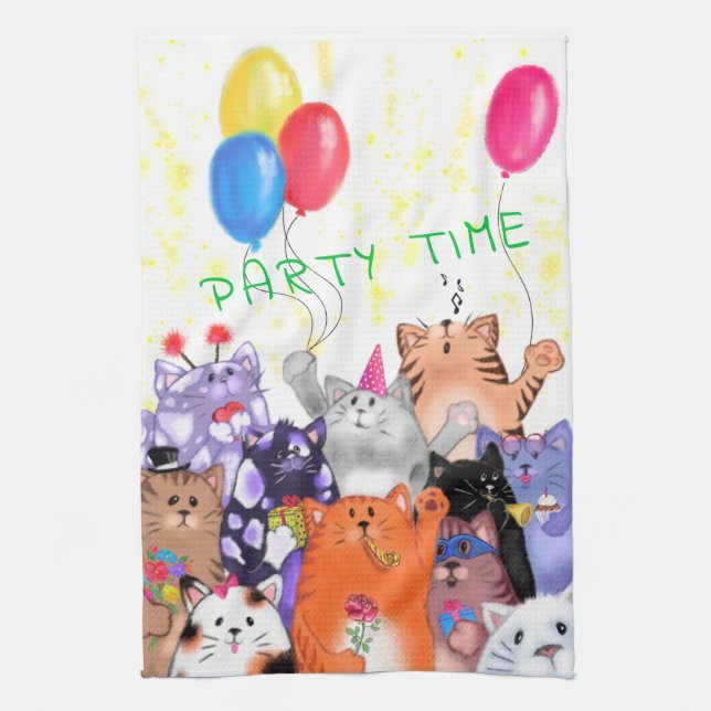 Happy Cat Party Cartoon Drawing - Cute Funny Cats  Tea Towel (Vertical)