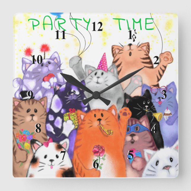 Happy Cat Party Funny Wall Clock - Custom Text (Front)