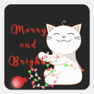 Happy Cat Playing With LED Light   Cute Christmas  Square Sticker