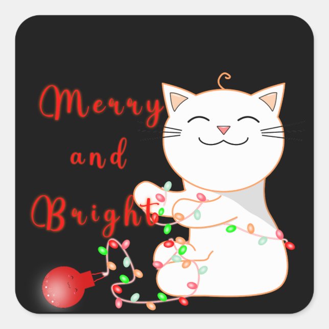 Happy Cat Playing With LED Light | Cute Christmas  Square Sticker (Front)