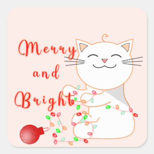 Happy Cat Playing With LED Light   Cute Christmas  Square Sticker