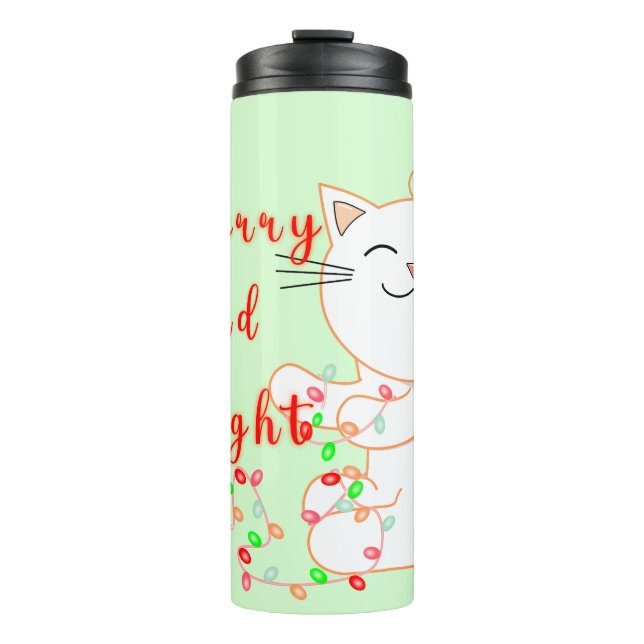 Happy Cat Playing With LED Light | Cute Christmas Thermal Tumbler (Front)