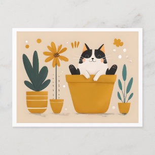 Happy Cat Sitting in  Flower Pot, Scandinavian Postcard