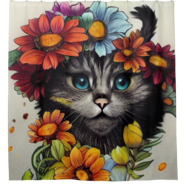 Happy Cat With Blue Eyes Surrounded By Flowers Shower Curtain (Front)