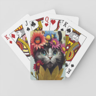 Happy Cat with Blue Eyes Wearing a Flower Wreath  Playing Cards