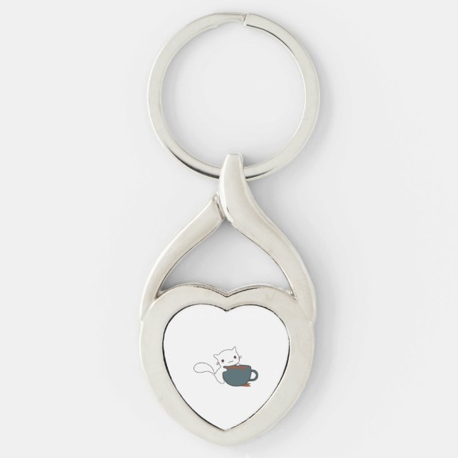 Happy Cat With Coffee Key Ring (Front)