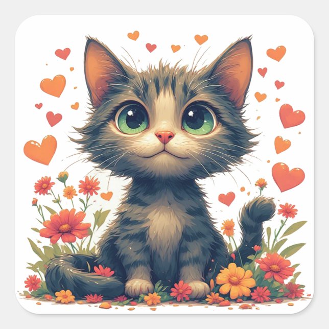 Happy Cat With Flowers Cartoon Fun 🌸 Square Sticker (Front)